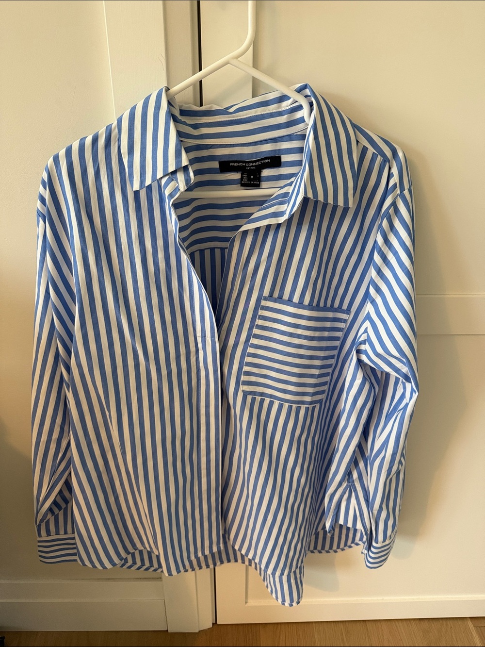 French Connection Light Blue and White Striped Button-Down Shirt